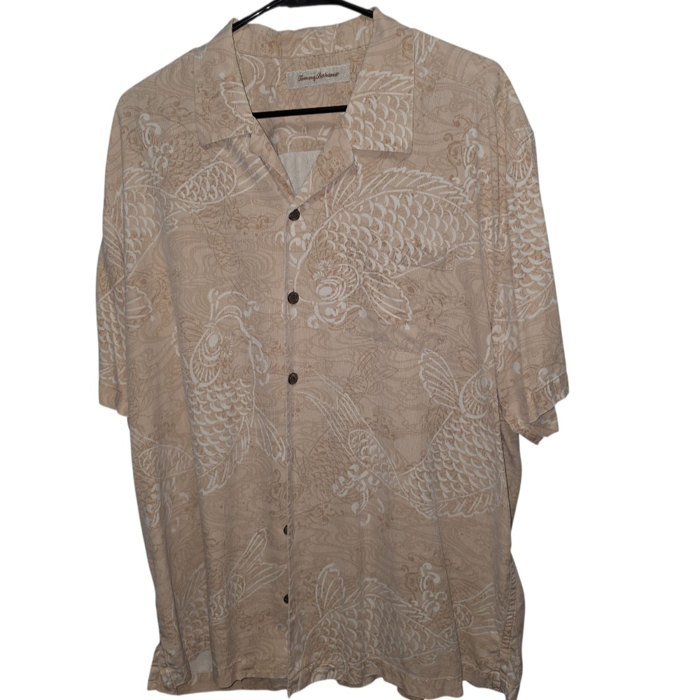 Tommy Bahama Silk Hawaiian Koi Fish Shirt Mens XL Tan‎ Button Up Vacation Summer